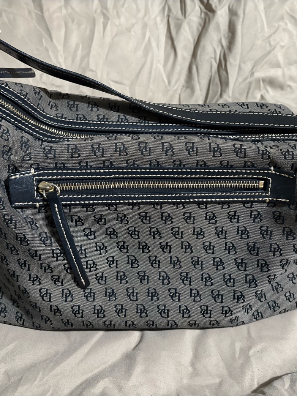 Dooney & Bourke Navy and Gray DB Monogram Shoulder Bag with Front Zip
